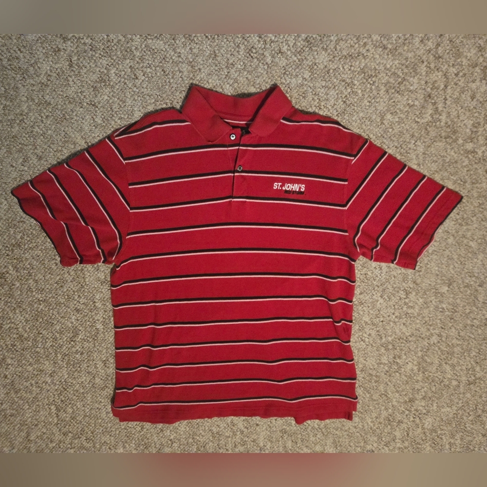 St. John's University Red Storm Red w/ Stripe Polo Shirt Size Medium Ashworth